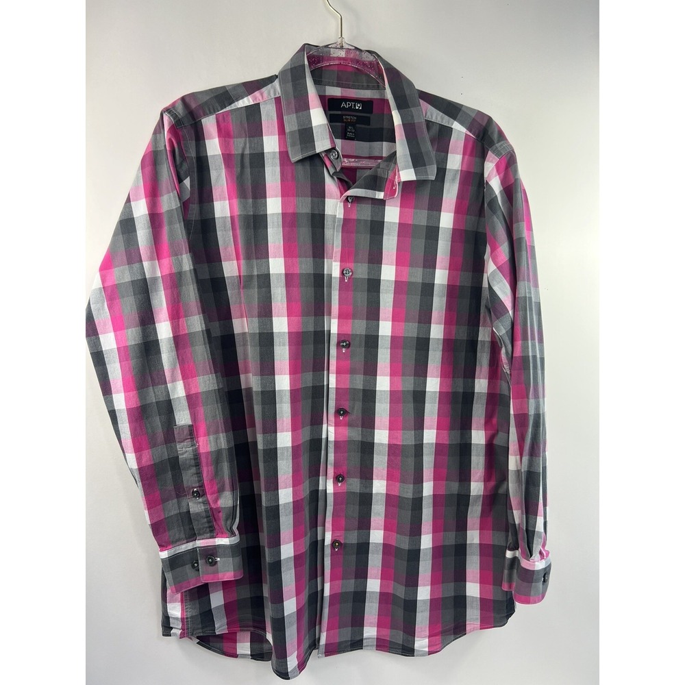 Apt. 9 Shirt Men's Sz 16.5 32/33 Gray/Pink Check Long Sleeve Stretch Slim Fitโ